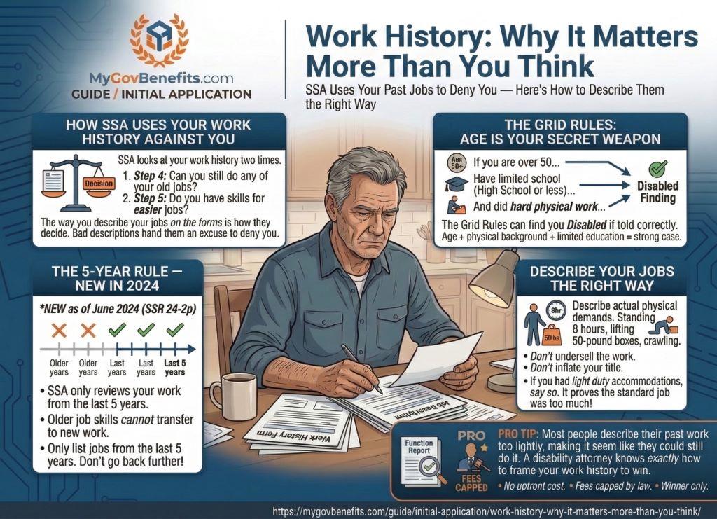 SSDI benefits overview 2026: $1,630 average payment, 5-month waiting period, Medicare after 24 months, work credits required