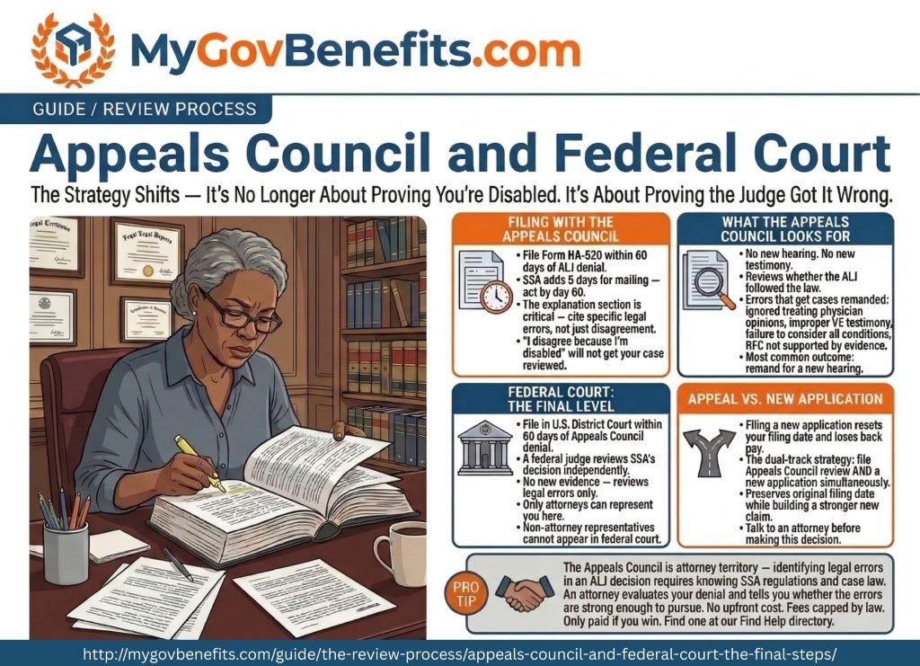 SSDI benefits overview 2026: $1,630 average payment, 5-month waiting period, Medicare after 24 months, work credits required