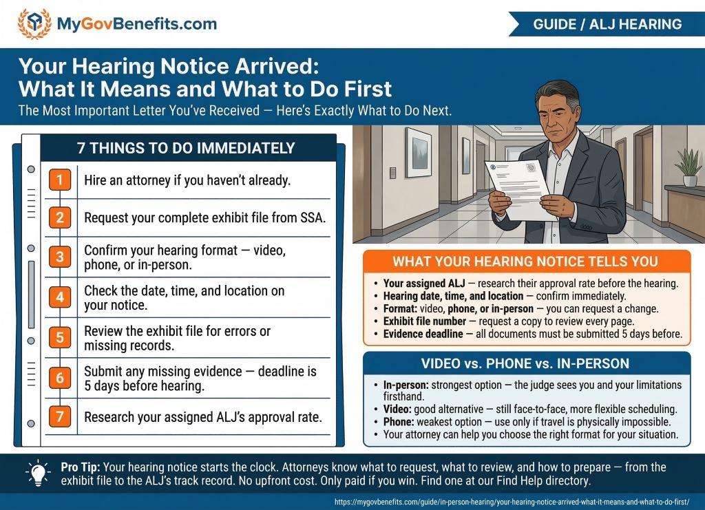 SSDI hearing notice: key fields to review, 75-day preparation window, ALJ approval rates, and what to do first when your hearing is scheduled