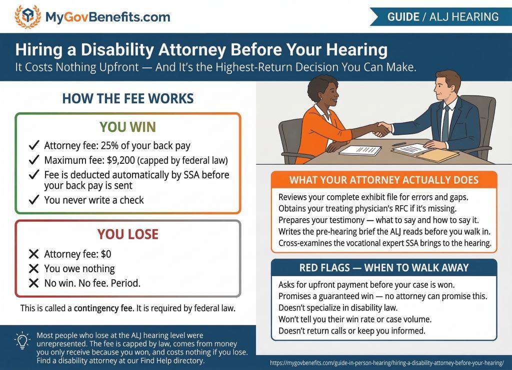 A disability attorney reviews an SSDI case file with a client before their ALJ hearing, explaining the contingency fee structure and hearing strategy