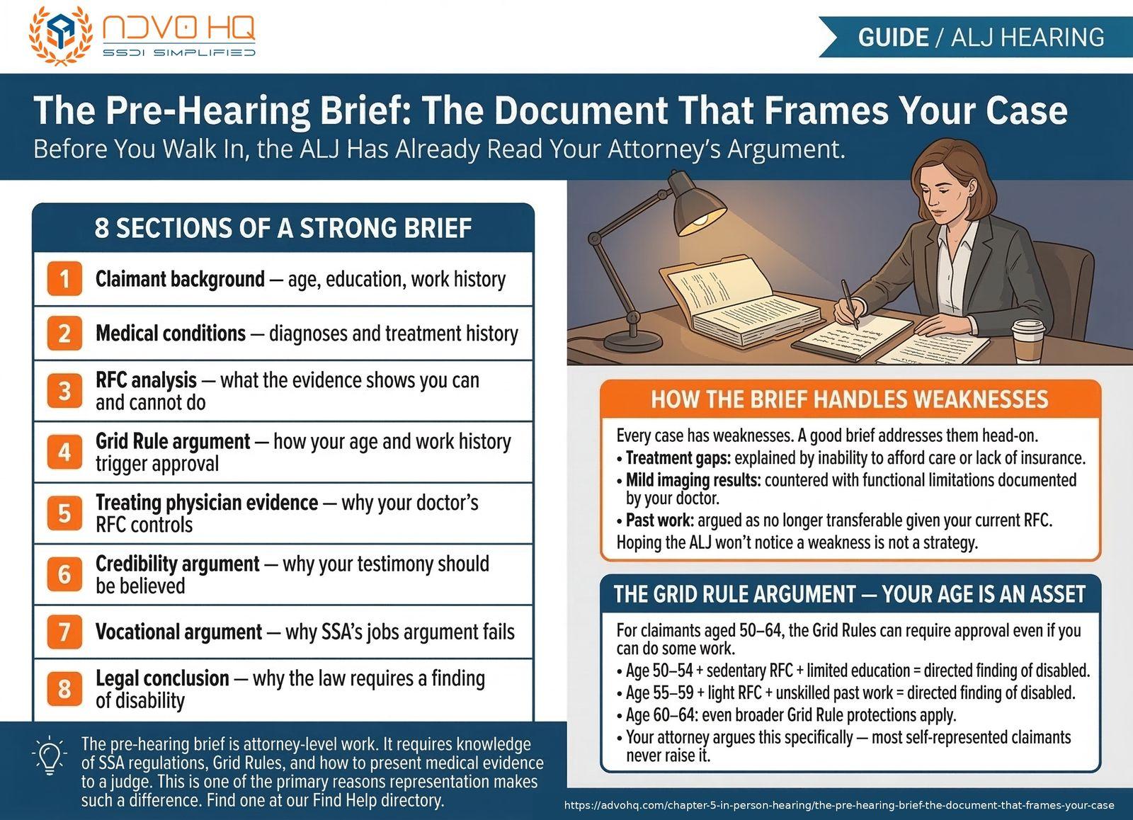 Pre-hearing brief for SSDI: attorney-drafted legal document submitted to the ALJ before the disability hearing that frames the claimant's case