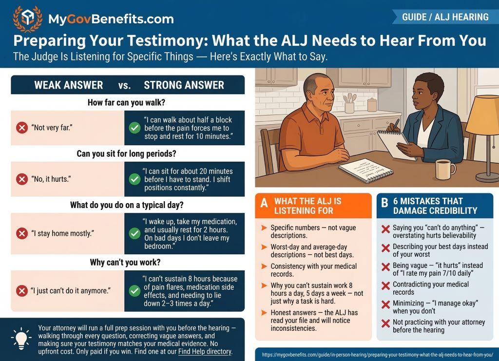 Person preparing testimony notes before an ALJ disability hearing, reviewing questions and practicing answers with an attorney