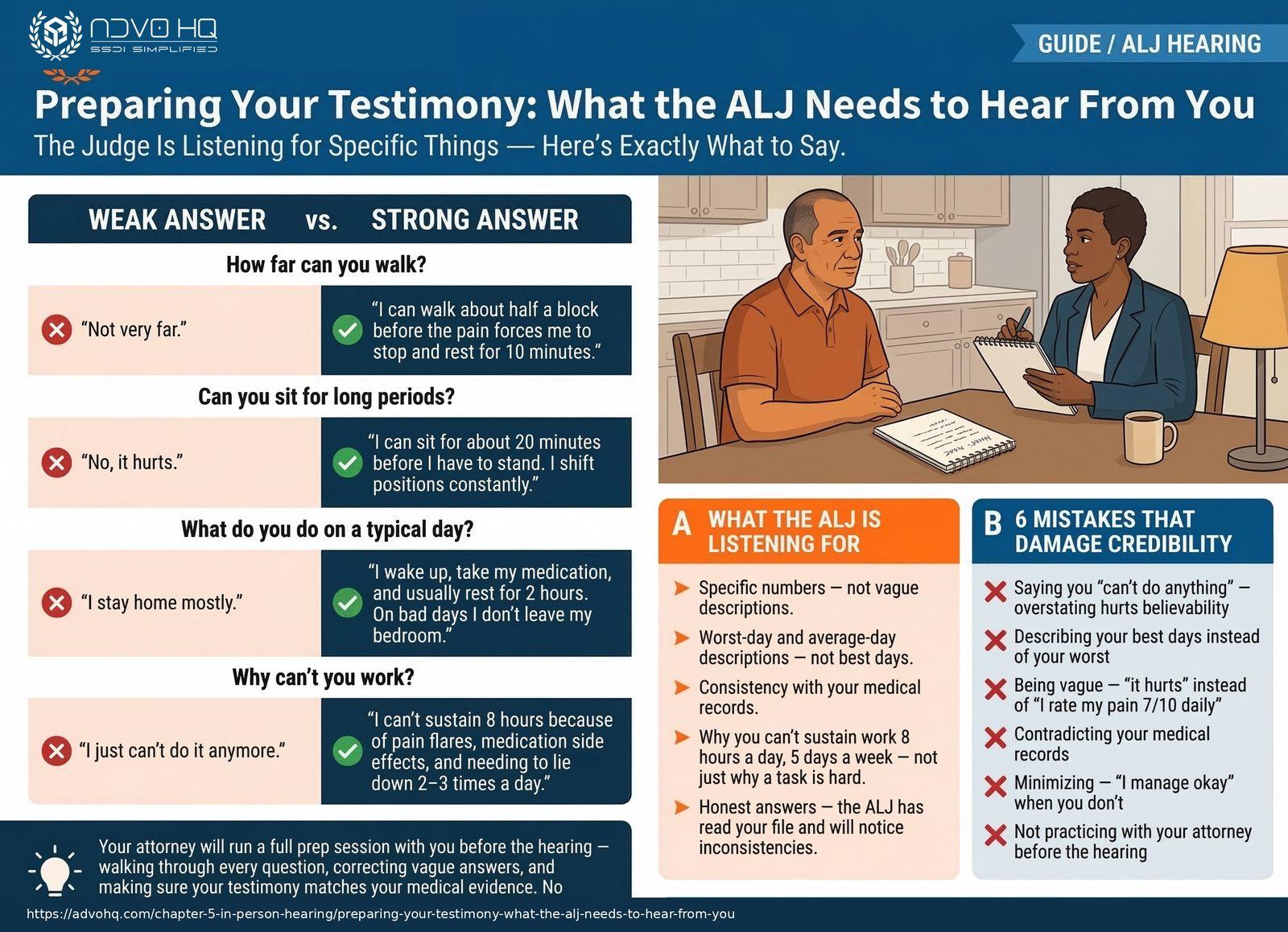 Person preparing testimony notes before an ALJ disability hearing, reviewing questions and practicing answers with an attorney