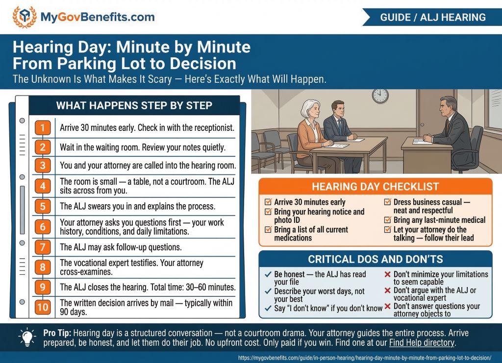SSDI hearing day logistics: what to bring, what to wear, and a minute-by-minute walkthrough from arrival to the end of testimony