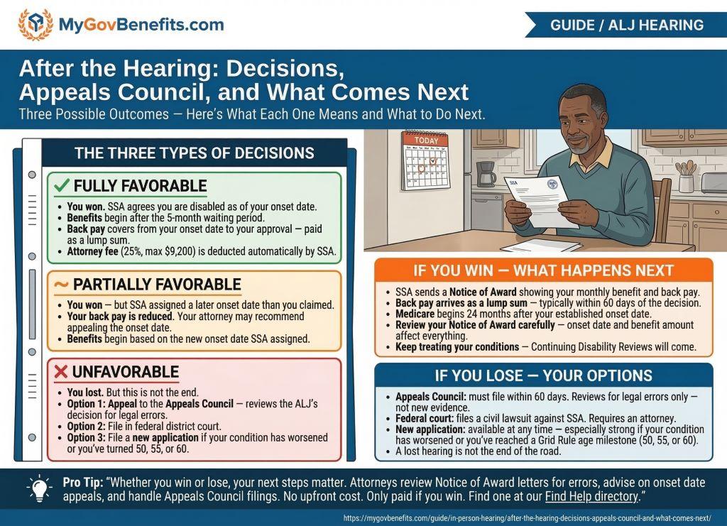 ALJ decision letter and appeals council process: three decision types, back pay timeline, and what happens after an unfavorable hearing decision