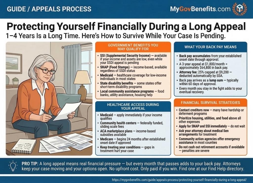 SSDI benefits overview 2026: $1,630 average payment, 5-month waiting period, Medicare after 24 months, work credits required